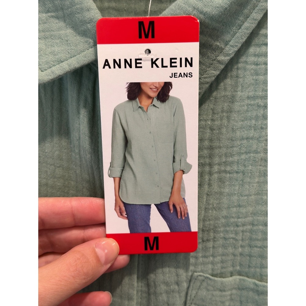 Anne Klein Jeans Sage Green Double Gauze Button Down Shirt Roll Tab Sleeve Med - Picture 3 of 13